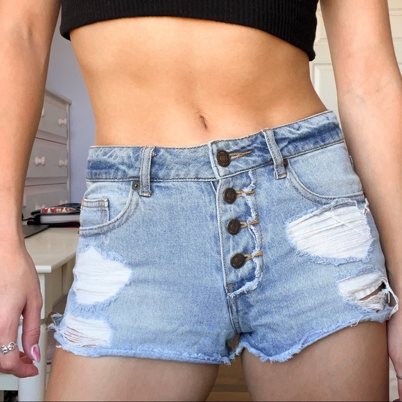 Forever 21 Pants - Distressed Light Wash Button Up Denim Shorts